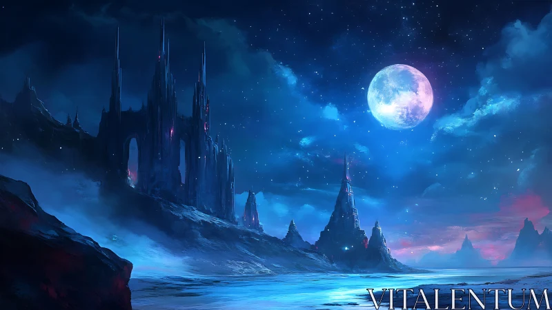 Fantasy moonlit alien citadel over icy coastal landscape.