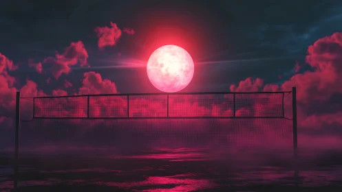 Neon moonrise behind misty volleyball net at night.