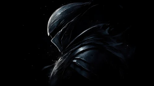 Armored shadow knight emerges from darkness in moody profile