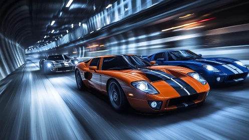 Three striped sports cars race through an illuminated tunnel
