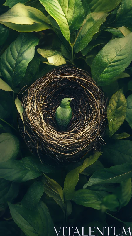 Top-down macro of green songbird centered in radial nest.