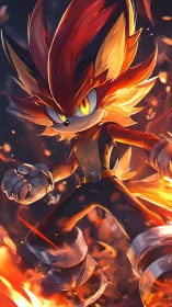 Fiery humanoid fox stands in blazing, embers-lit arena.
