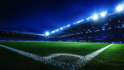 Floodlit green cathedral awaiting night football thunder.