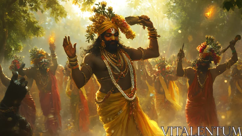 Procession of garlanded dancers moves through filtered forest light