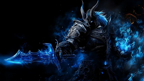 Armored frost knight unleashes spectral blue energy in battle.