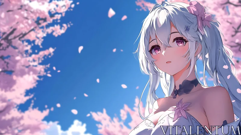 White-haired anime figure beneath pink blossom trees.