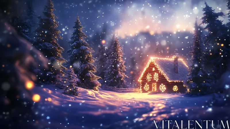 Snowfall crowns a glowing forest cabin in winter hush