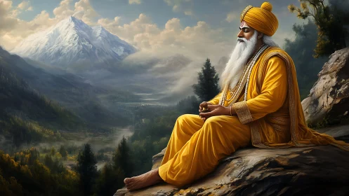 Meditative elder in yellow robe rendered against atmospheric Himalayas