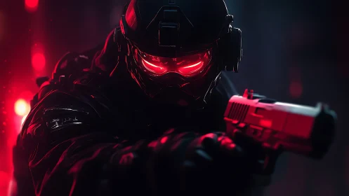 Armored cyber soldier aiming pistol in red neon light.