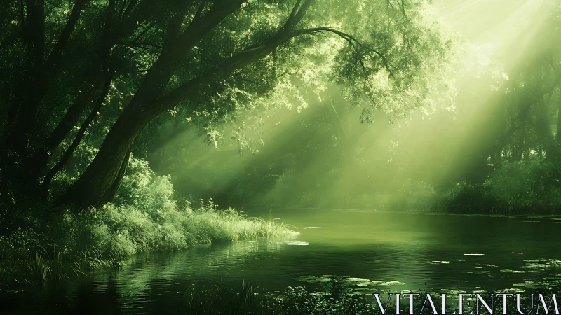 Tranquil Sunlit Forest Pond with Lush Greenery, Photorealistic Style.