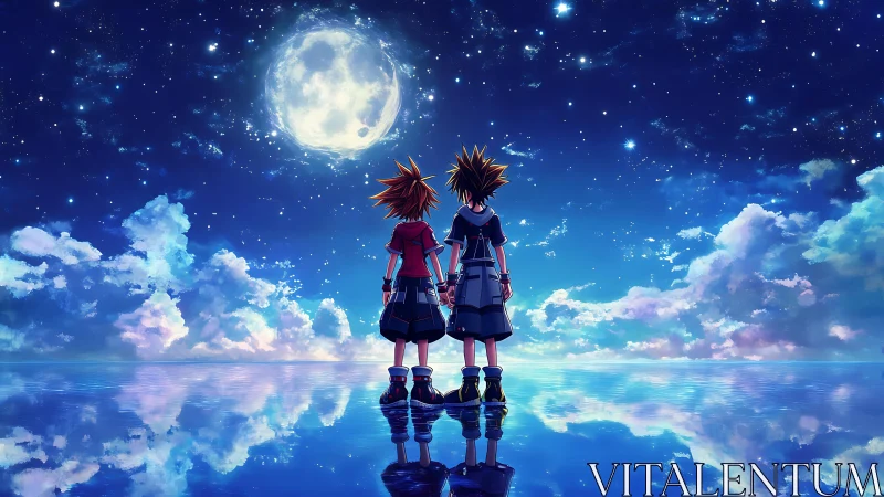 Dual anime silhouettes observe lunar reflection across mirrored sea