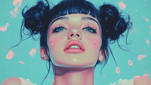 Digital portrait shows close-up of young woman with blue eyes