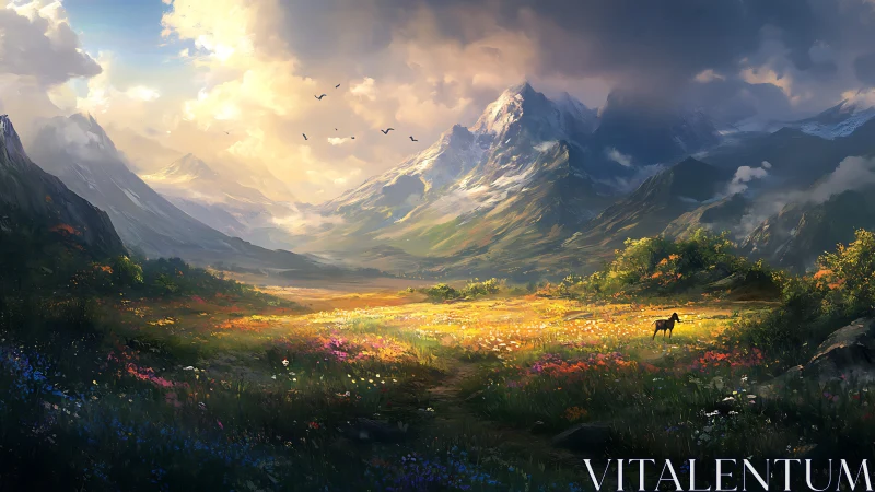 Sunlit mountain meadow opens into a tranquil, dreamlike valley