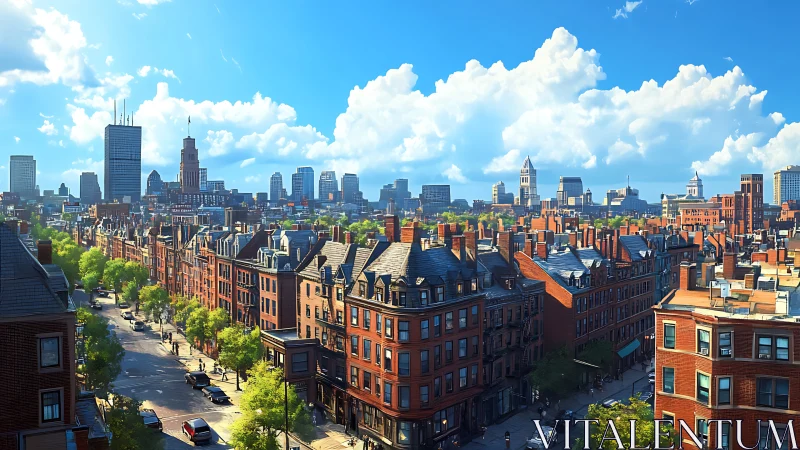 Urban streetscape with brick row houses and mixed skyline.