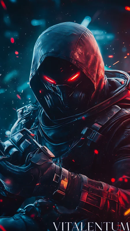 Cybernetic hooded operative with emissive red optics poised.