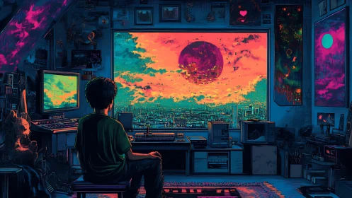 Neon cityscape fills a gamer&rsquo;s window with cosmic wonder.
