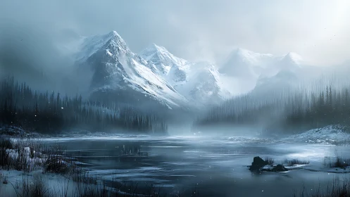 Silent winter mountains watching over a misty frozen lake.