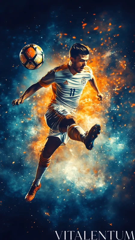 Dynamic soccer star leaping through glowing cosmic sparks.