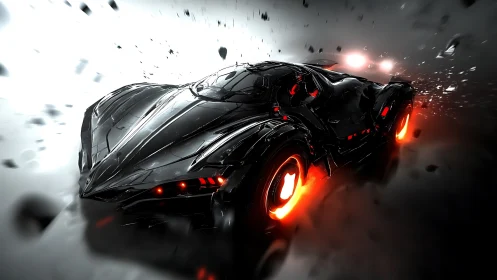 3D hypercar render with molten wheels and high-contrast motion blur.