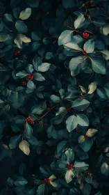 Dark teal foliage frames vivid red forest berries clusters.