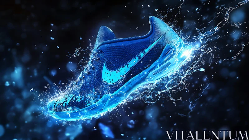 Blue athletic shoe rendered with dynamic water splash effects