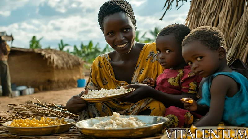 Woman and Children Sharing Meal in African Village.