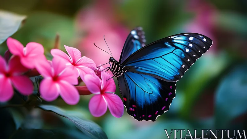 Blue butterfly rests on vivid pink blossoms in soft focus garden.