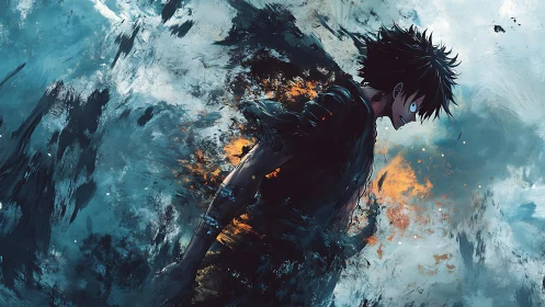 Storm-tossed boy ignites defiant fire amid shattering sky