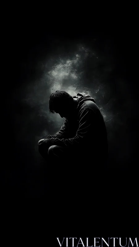 Solitary hooded figure in chiaroscuro silhouette against void