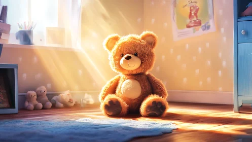 Teddy bear sits on wooden floor in sunlit child bedroom