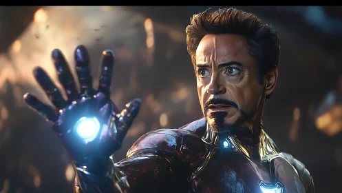 Armored hero raises glowing gauntlet in battle stance.