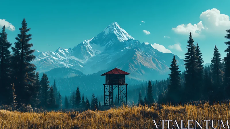 Digital painting of alpine watchtower in layered forest vista.