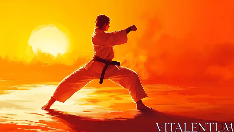 Sunset martial artist holds a powerful stance with calm focus