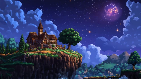 Enchanted Castle on Cliff Under Full Moon Night