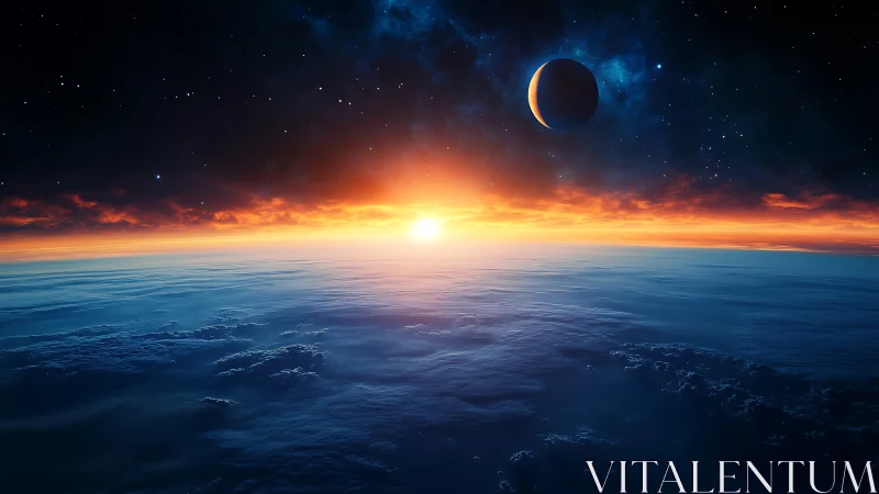 Dawn over a quiet planet welcomes a glowing cosmic horizon