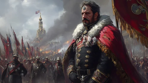 War-torn emperor in crimson regalia amid burning citadel.