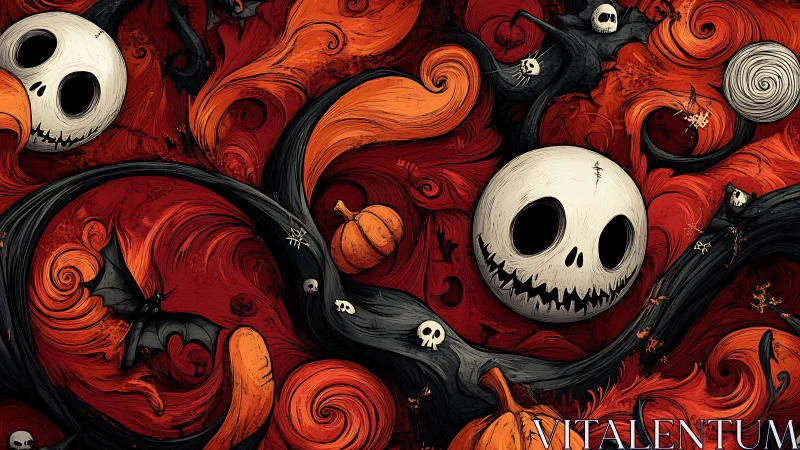 Skull motifs with pumpkins and bats in swirling red field.