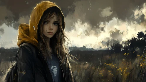 Melancholic girl in yellow hood walks through stormy fields