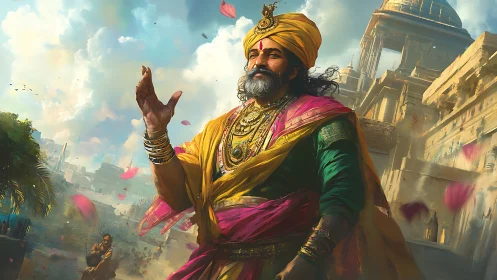 Regal turbaned ruler strolling through a sunlit ancient city.