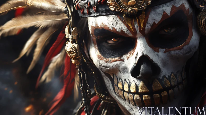 Skull-painted warrior portrait with gold trim and feathers.