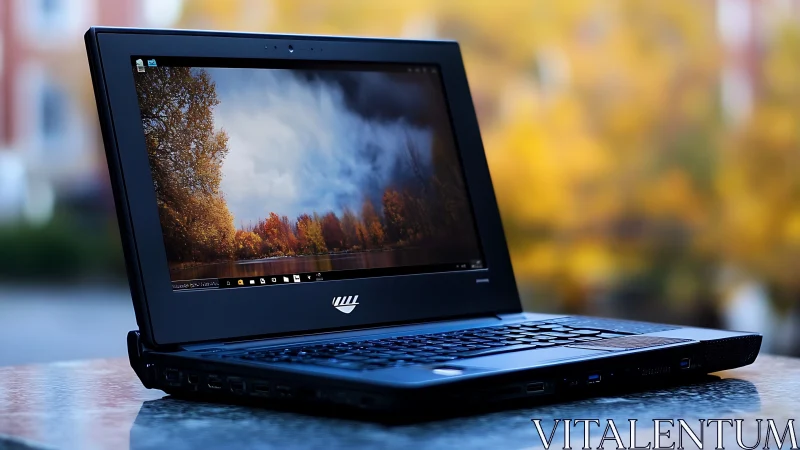 Sleek black laptop outdoors with autumn landscape display.