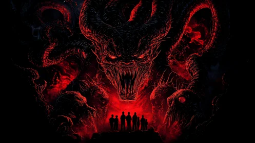 Colossal demonic beast towers over silhouetted human survivors