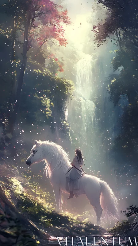 White horse and rider beneath luminous forest waterfall