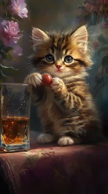 Curious kitten holds cherry beside amber drink.