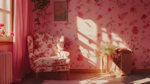 Sunlit floral armchair in monochrome pink romantic interior