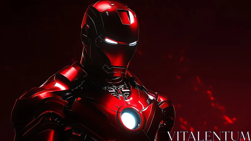 Red armored humanoid robot stands against dark red background