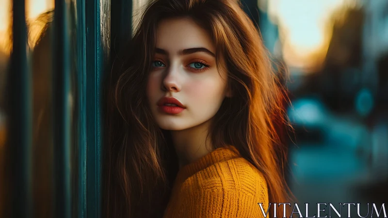 Young woman stands by reflective surface at urban sunset