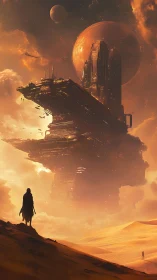 Desert foreground with massive orbital structure and planets.