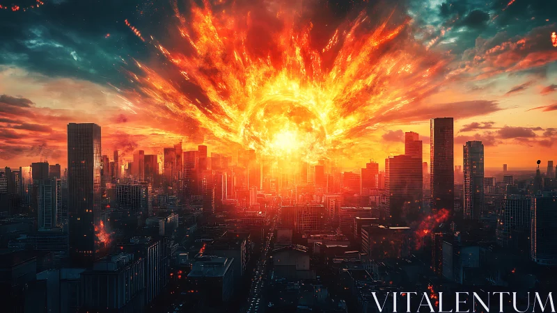 Explosive fiery blast consuming modern city skyline scene.
