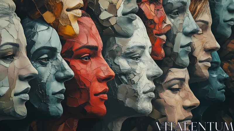 Surreal mosaic of diverse human faces in cracked clay texture.